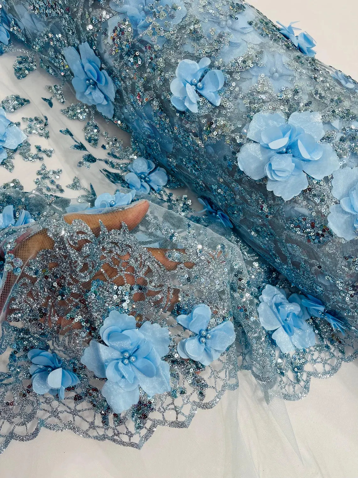 3D Big Flower Glitter Fabric - Baby Blue - Floral Glitter Sequin Desig