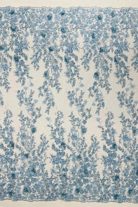 3D Flower Rhinestone Design - Baby Blue - Embroidered Flower Sequins Lace Fabric By Yard