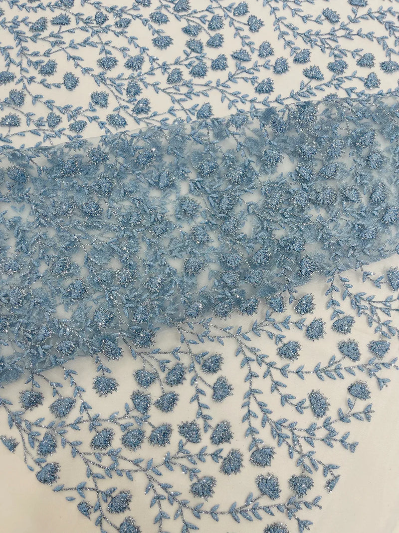 Shimmer Glitter Flower Fabric - Baby Blue - Small Glitter Flower Design on Lace Sold By Yard