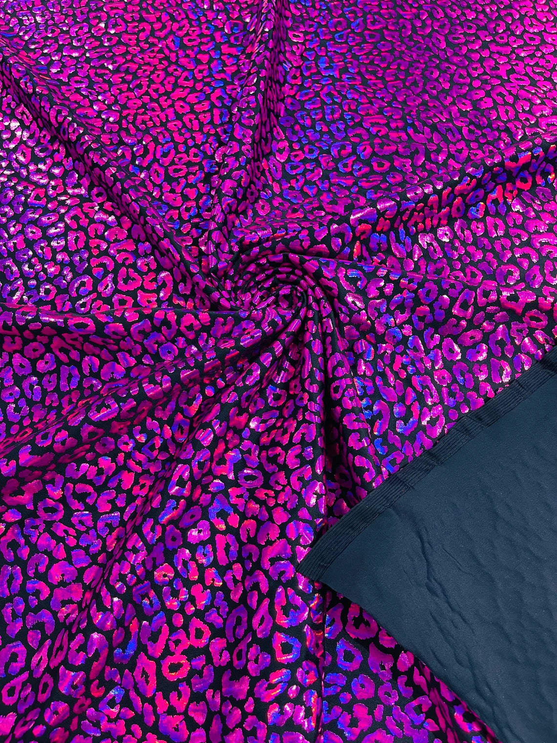 Cheetah Mystique Foil Fabric - Black / Fuchsia - 58/60 4 Way Stretch
