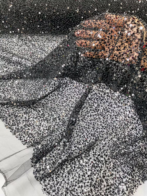 Pearl Sequins Bead Fabric - Black - Small Beads and Sequins Embroidered on Lace By Yard