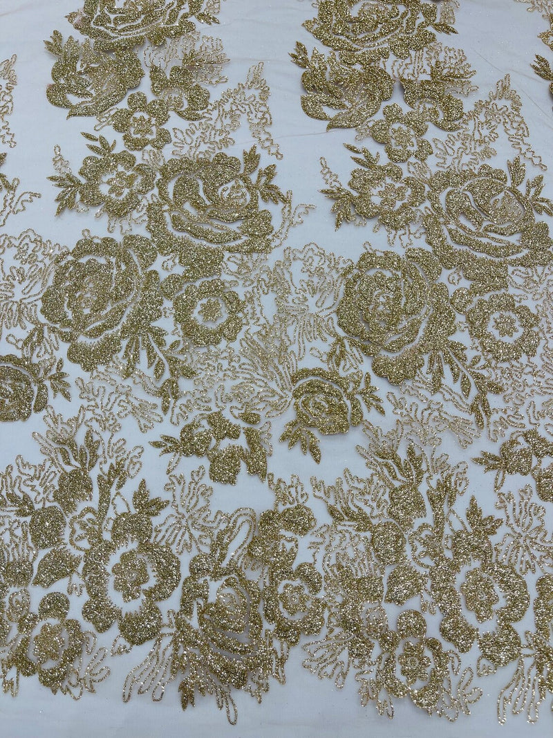 Rose Glitter Fabric - Champagne - 3D Glitter Rose Tulle Fabric for Wedding, Quinceañera By Yard