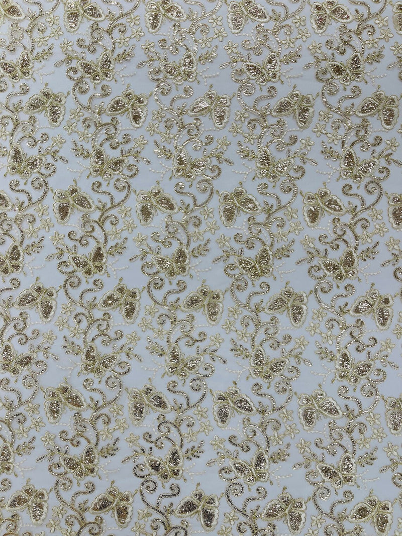 Butterfly Sequins Fabric - Champagne - Metallic Floral Butterfly Design on Lace Fabric By Yard