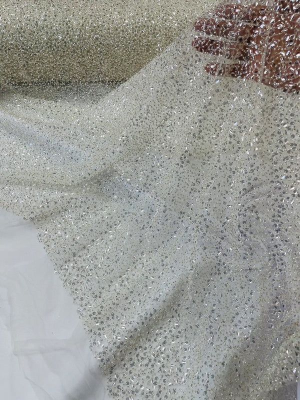 Pearl Sequins Bead Fabric - Clear on Off-White - Small Beads and Sequins Embroidered on Lace By Yard