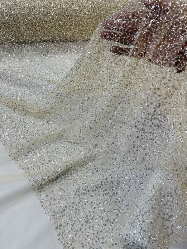 Pearl Sequins Bead Fabric - Clear on Beige - Small Beads and Sequins Embroidered on Lace By Yard