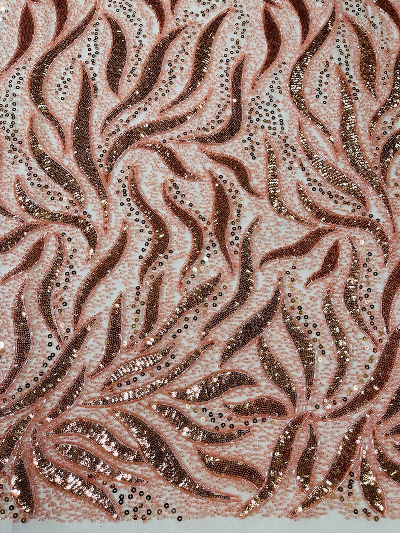 Beaded Fire Design Fabric - Coral - Fire Flame Design Sequins and Beads on Mesh by Yard
