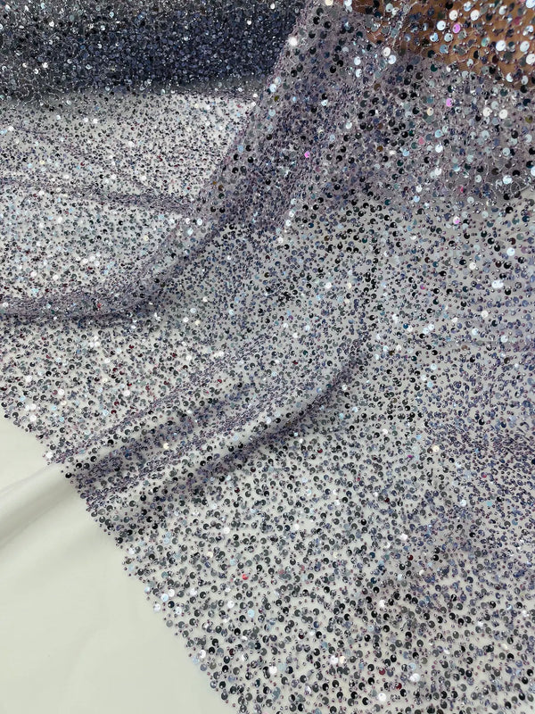 Pearl Sequins Bead Fabric - Dark Grape - Small Beads and Sequins Embroidered on Lace By Yard