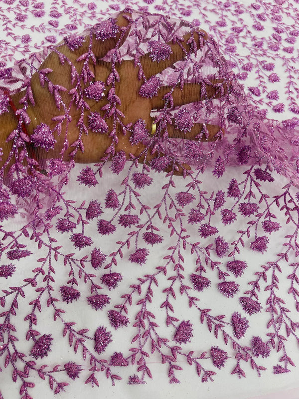 Shimmer Glitter Flower Fabric - Dark Lavender - Small Glitter Flower Design on Lace Sold By Yard