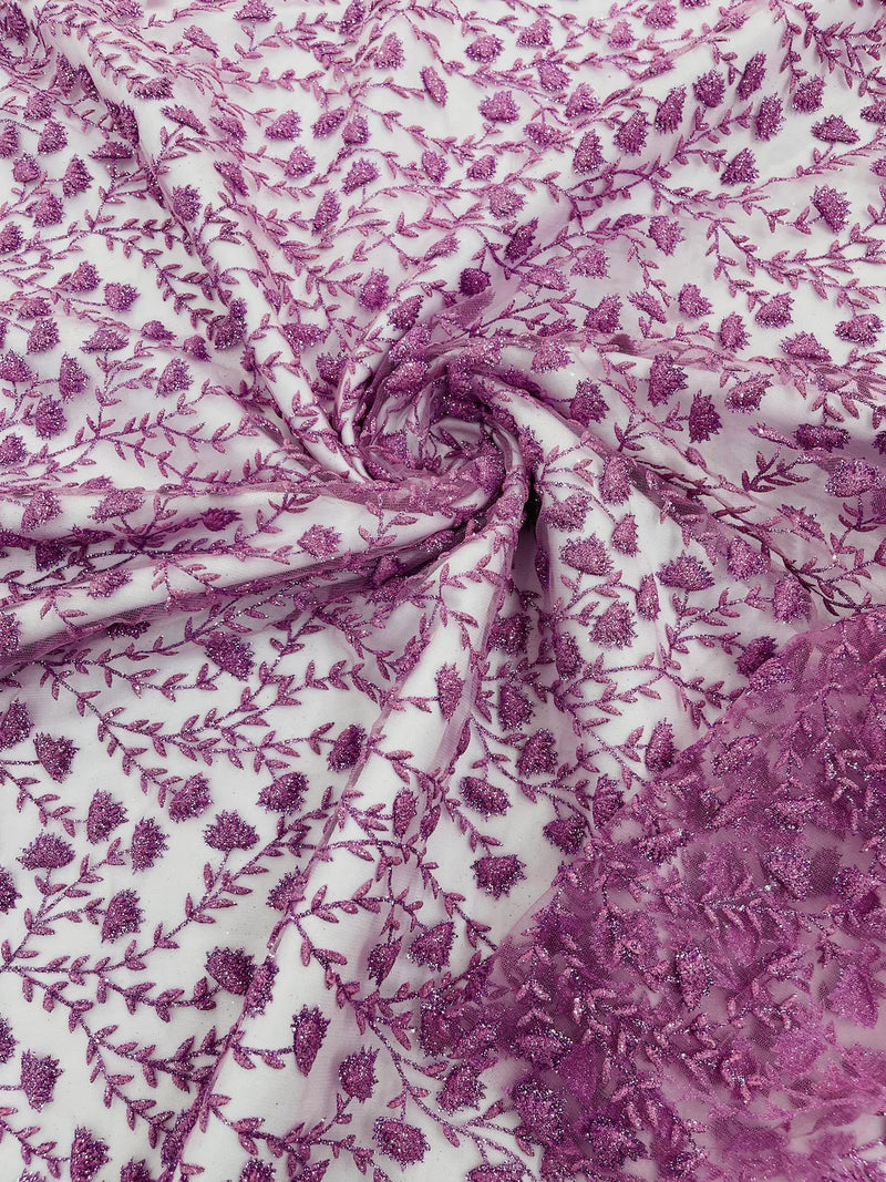Shimmer Glitter Flower Fabric - Dark Lavender - Small Glitter Flower Design on Lace Sold By Yard
