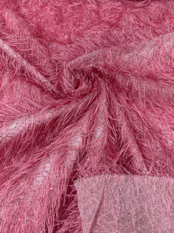 Metallic Eyelash Fabric - Dusty Pink - Feather/Eyelash/Fringe Design on Mesh By Yard