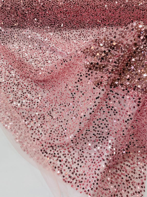 Pearl Sequins Bead Fabric - Dusty Pink - Small Beads and Sequins Embroidered on Lace By Yard