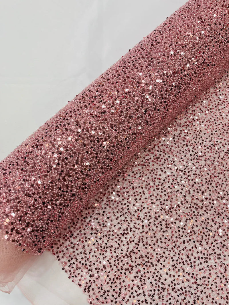 Pearl Sequins Bead Fabric - Dusty Pink - Small Beads and Sequins Embroidered on Lace By Yard