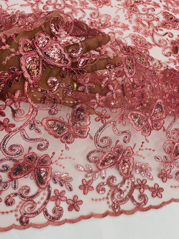 Butterfly Sequins Fabric - Dusty Rose - Metallic Floral Butterfly Design on Lace Fabric By Yard