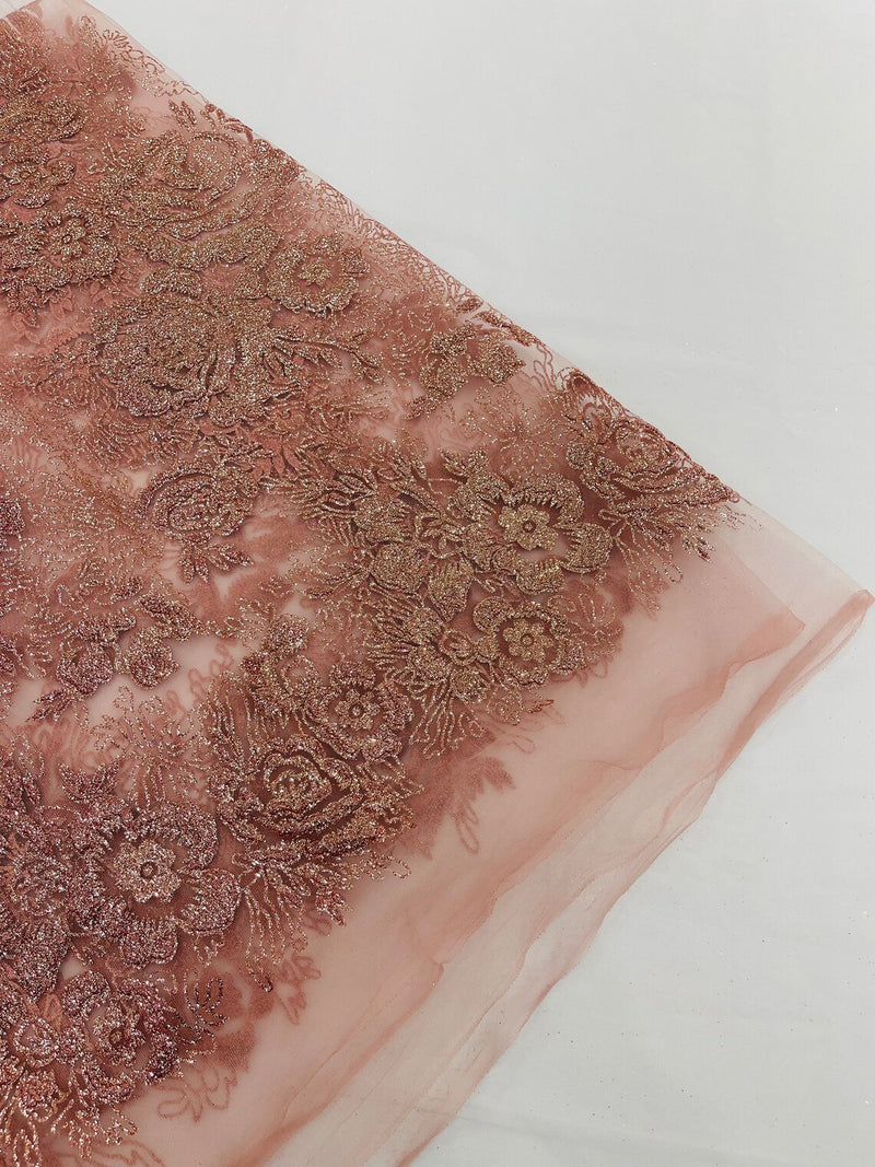 Rose Glitter Fabric - Dusty Rose - 3D Glitter Rose Tulle Fabric for Wedding, Quinceañera By Yard