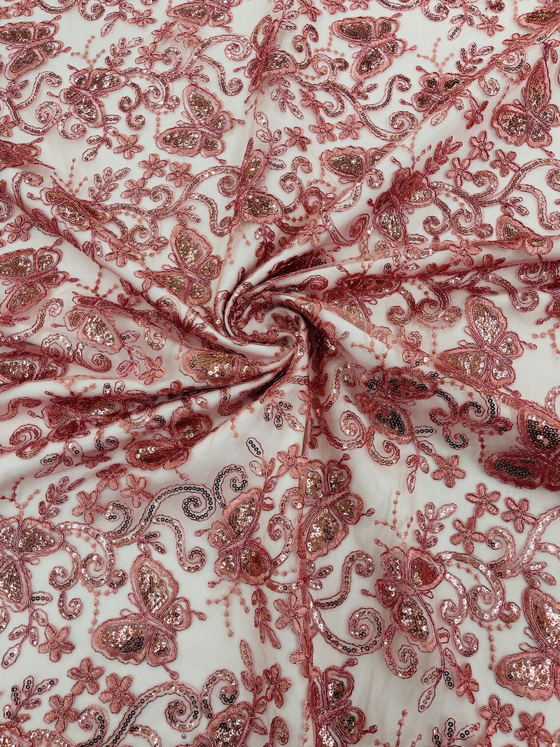 Butterfly Sequins Fabric - Dusty Rose - Metallic Floral Butterfly Design on Lace Fabric By Yard