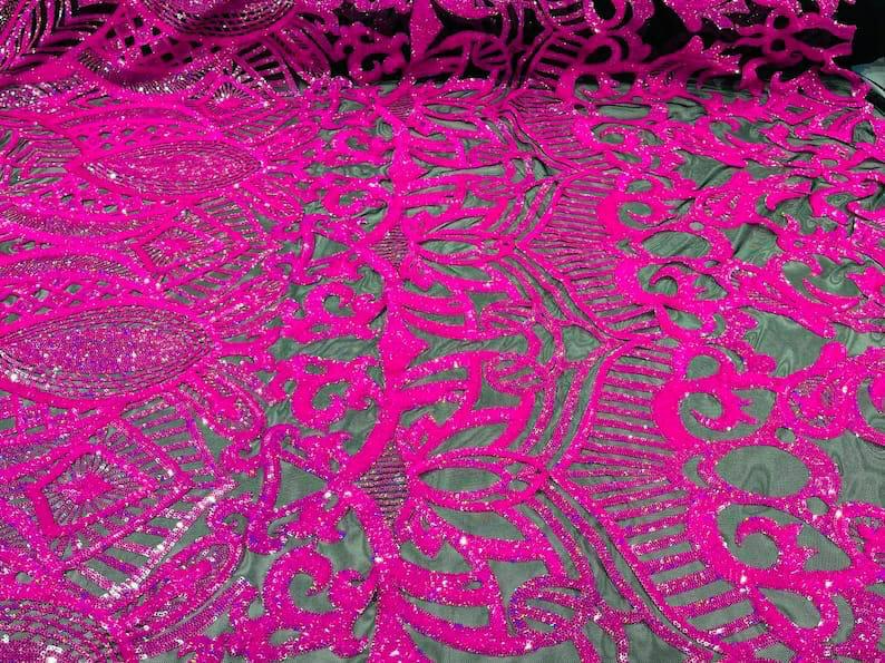 Hot Pink Iridescent  - 4 Way Stretch Embroidered Royalty Sequins Design Fabric