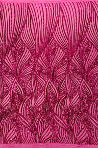 Curvy Line Design Fabric - Fuchsia - 4 Way Stretch Sequins Design Mesh Lace Fabric by Yard