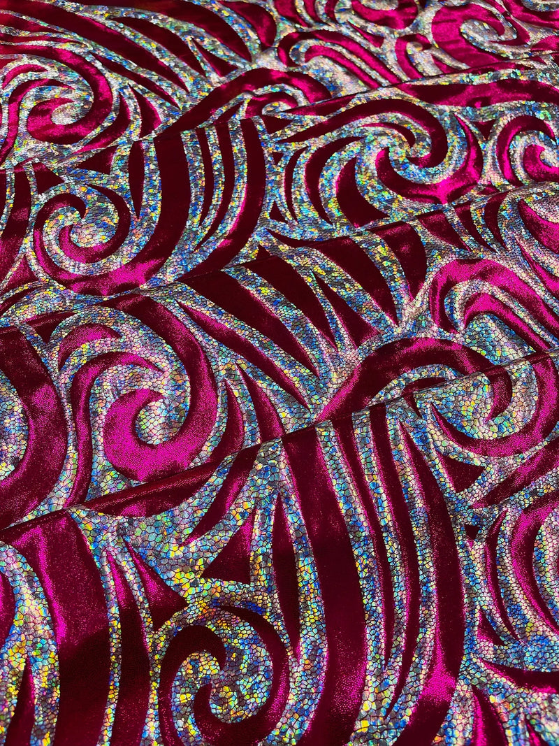 Tribal Swirl Spandex Fabric - Fuchsia - Hologram Metallic 4-Way Stretch Milliskin Fabric by Yard