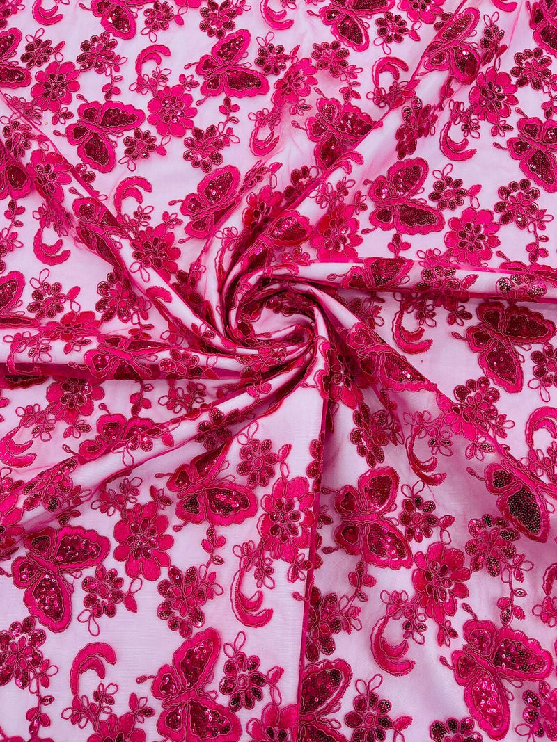 Butterfly Sequins Fabric - Fuchsia - Metallic Floral Butterfly Design on Lace Fabric By Yard