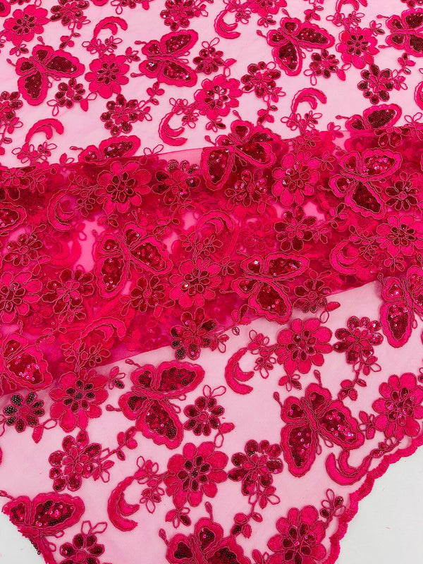 Butterfly Sequins Fabric - Fuchsia - Metallic Floral Butterfly Design on Lace Fabric By Yard