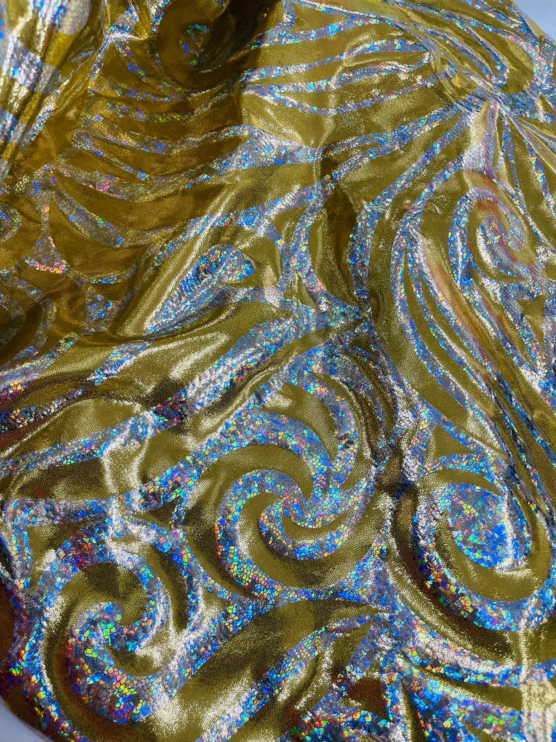 Tribal Swirl Spandex Fabric - Gold / Silver - Hologram Metallic 4-Way Stretch Milliskin Fabric by Yard