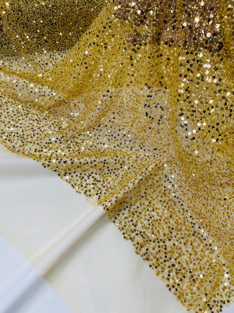 Pearl Sequins Bead Fabric - Gold - Small Beads and Sequins Embroidered on Lace By Yard