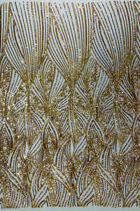 Curvy Line Design Fabric - Gold - 4 Way Stretch Sequins Design Mesh Lace Fabric by Yard