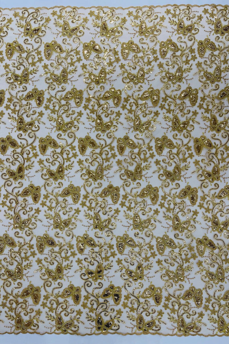 Butterfly Sequins Fabric - Gold - Metallic Floral Butterfly Design on Lace Fabric By Yard