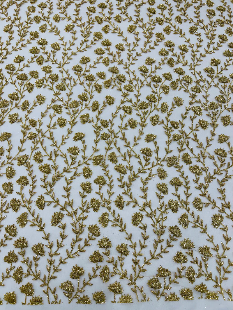 Shimmer Glitter Flower Fabric - Gold - Small Glitter Flower Design on Lace Sold By Yard