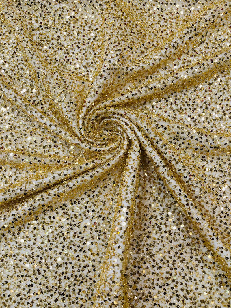 Pearl Sequins Bead Fabric - Gold - Small Beads and Sequins Embroidered on Lace By Yard