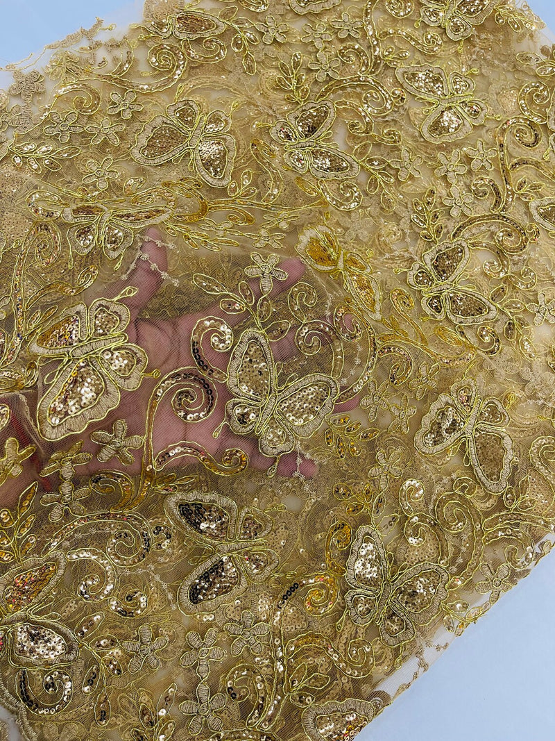 Butterfly Sequins Fabric - Gold - Metallic Floral Butterfly Design on Lace Fabric By Yard