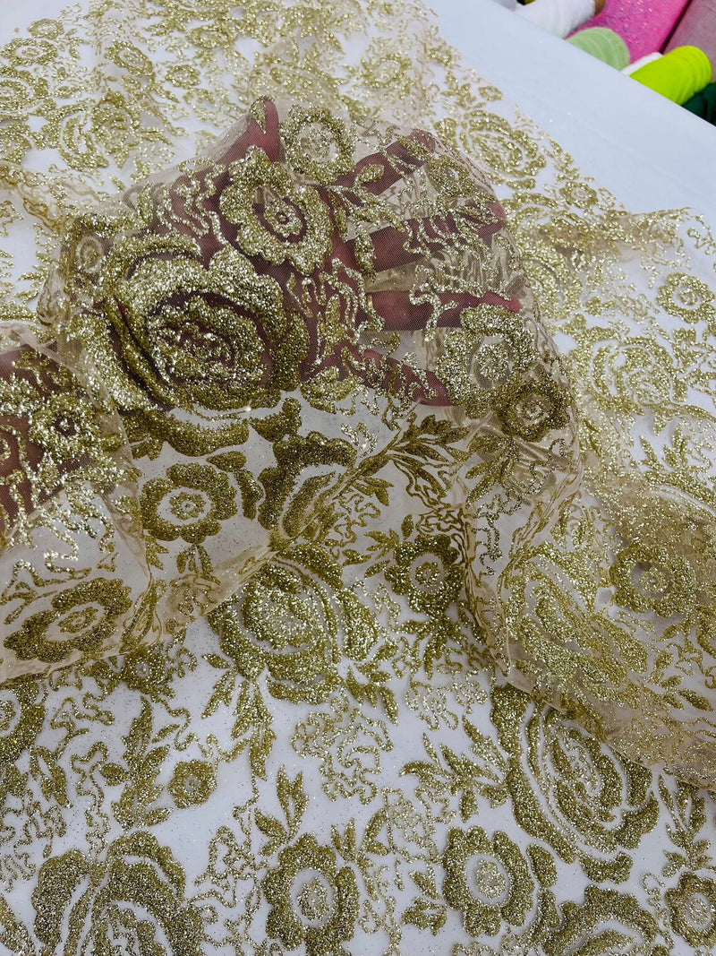 3D Rose Chunky Glitter Fabric - Gold - Rose Floral Design Glitter on Tulle Fabric Sold by Yard