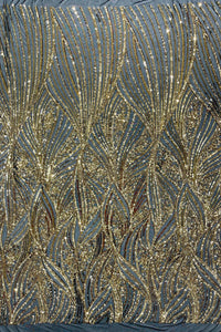 Curvy Line Design Fabric - Gold on Black - 4 Way Stretch Sequins Design Mesh Lace Fabric by Yard