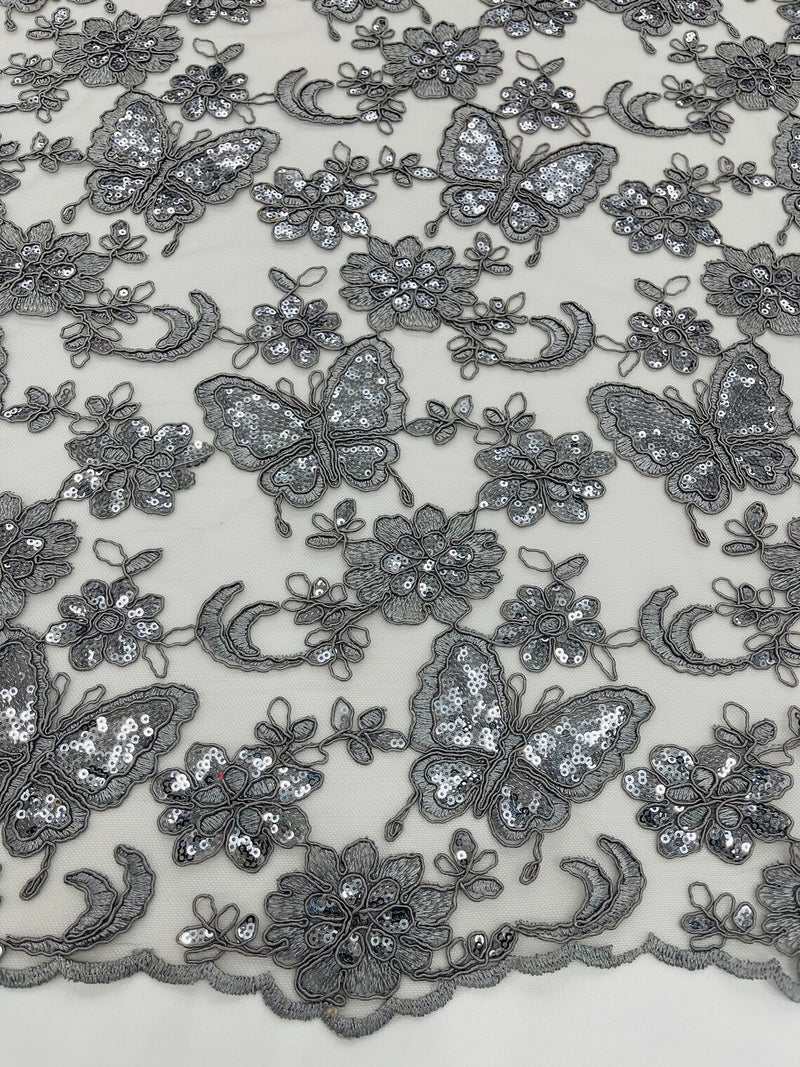 Butterfly Sequins Fabric - Gray - Metallic Floral Butterfly Design on Lace Fabric By Yard