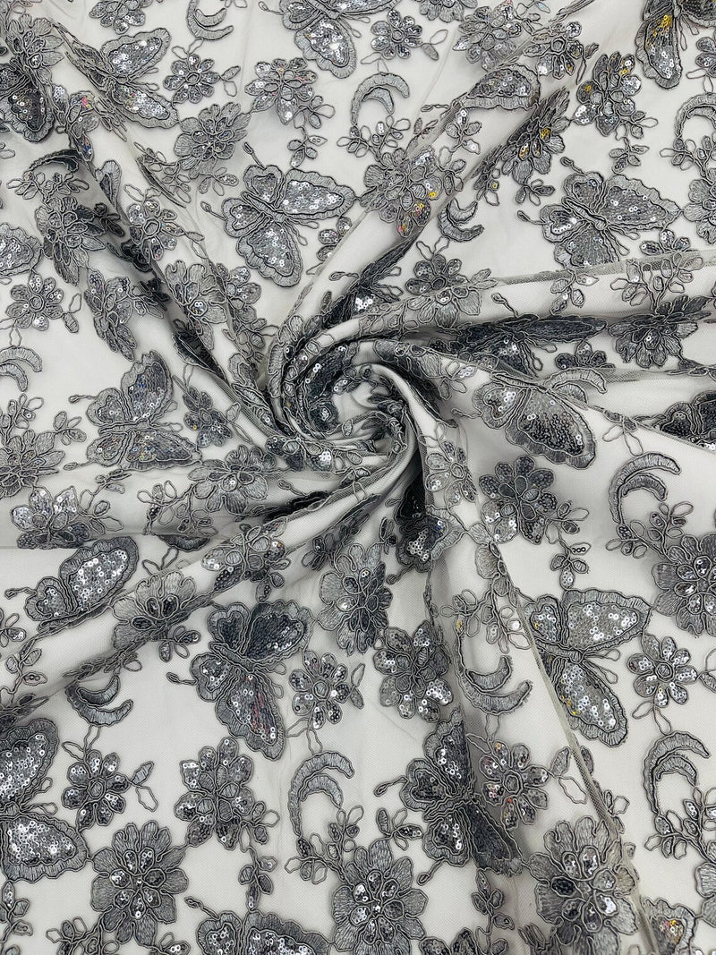 Butterfly Sequins Fabric - Gray - Metallic Floral Butterfly Design on Lace Fabric By Yard
