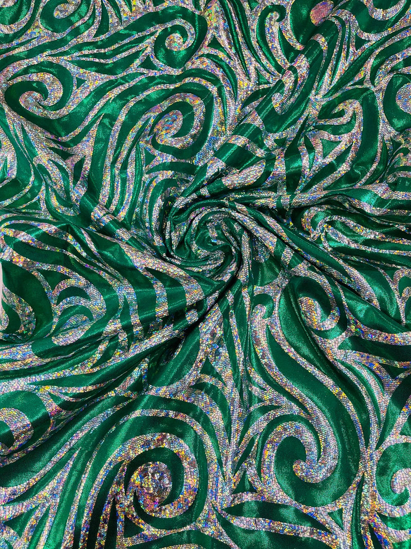 Tribal Swirl Spandex Fabric - Green / Silver - Hologram Metallic 4-Way Stretch Milliskin Fabric by Yard