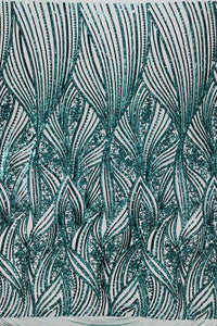 Curvy Line Design Fabric - Green - 4 Way Stretch Sequins Design Mesh Lace Fabric by Yard
