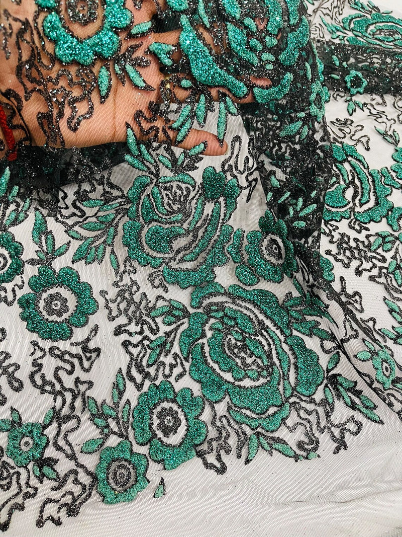 3D Rose Chunky Glitter Fabric - Hunter Green - Rose Floral Design Glitter on Tulle Fabric Sold by Yard