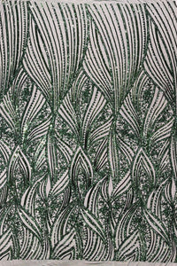 Curvy Line Design Fabric - Hunter Green - 4 Way Stretch Sequins Design Mesh Lace Fabric by Yard