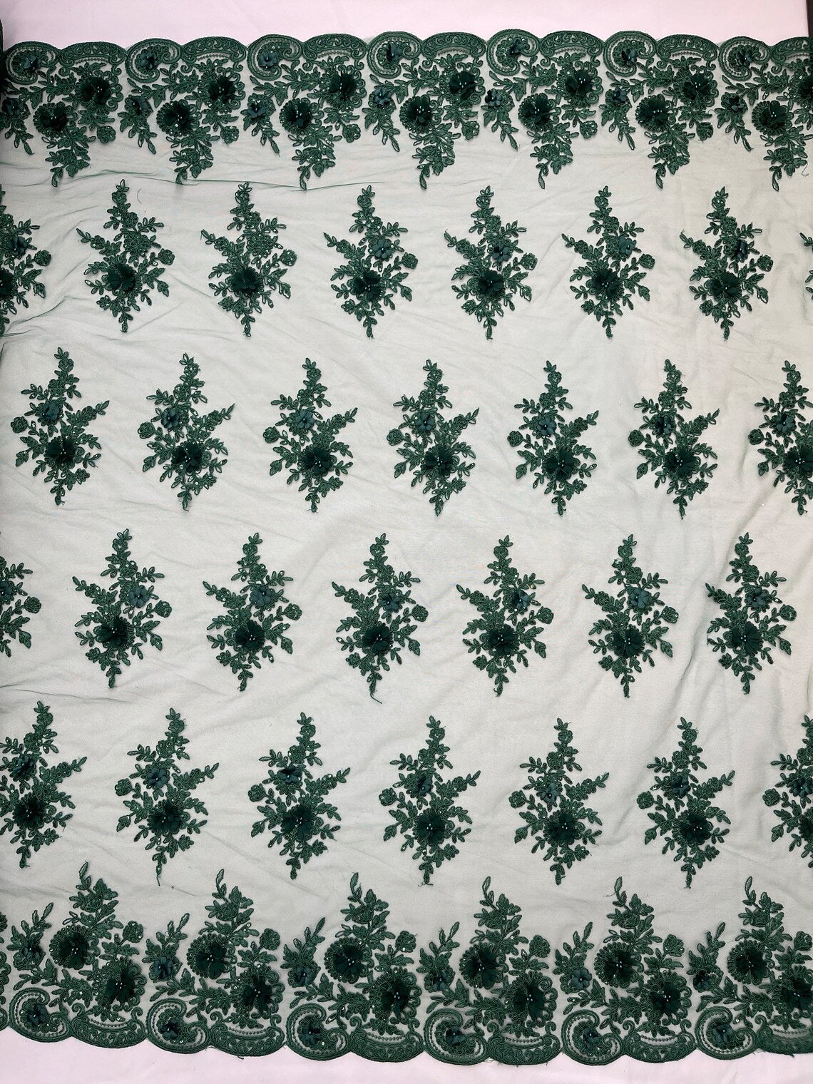 Hunter green 3D floral Vine Design Embroider and heavy beading on a mesh lace-sold by the yard.