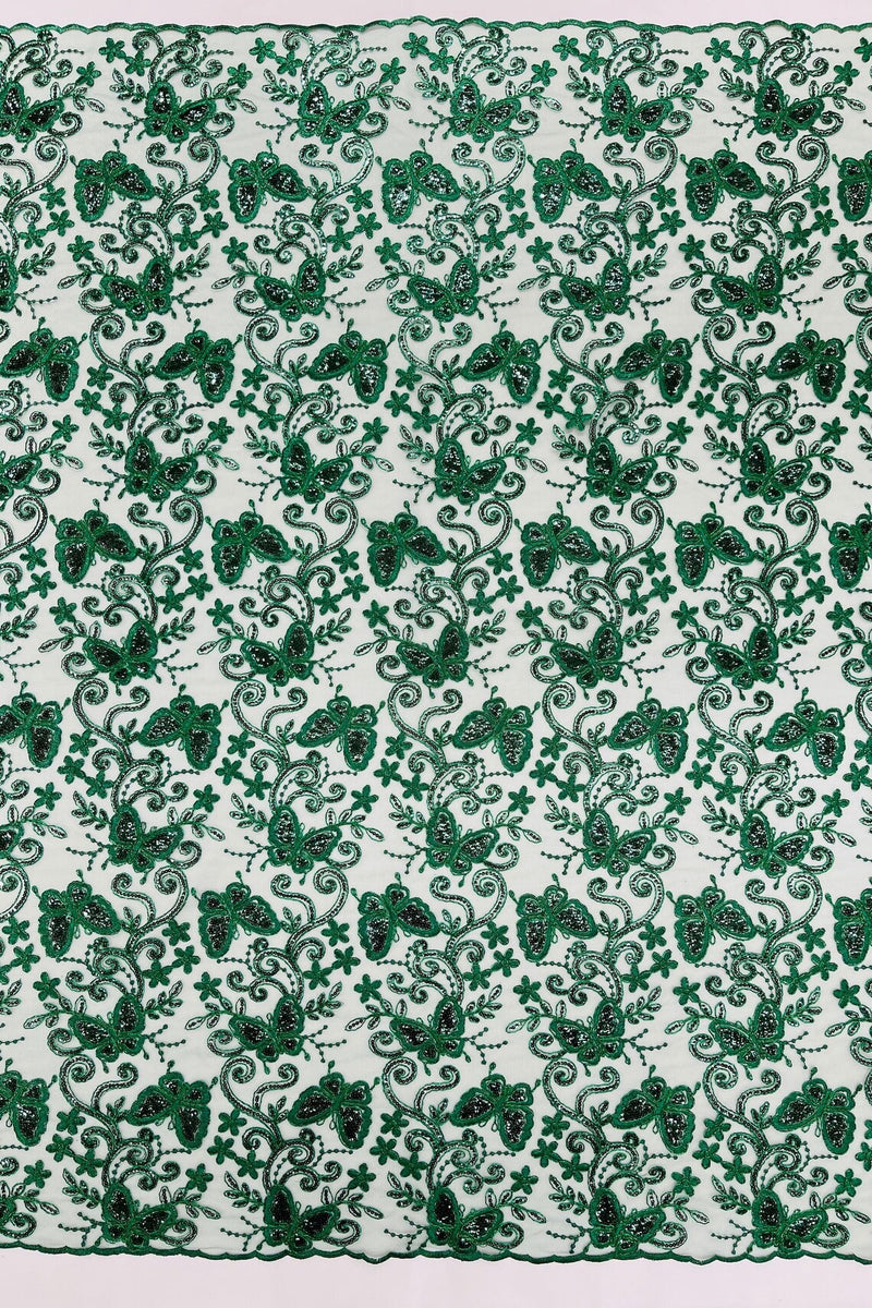 Butterfly Sequins Fabric - Hunter Green - Metallic Floral Butterfly Design on Lace Fabric By Yard