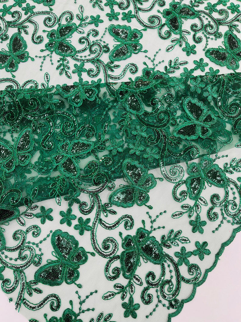 Butterfly Sequins Fabric - Hunter Green - Metallic Floral Butterfly Design on Lace Fabric By Yard