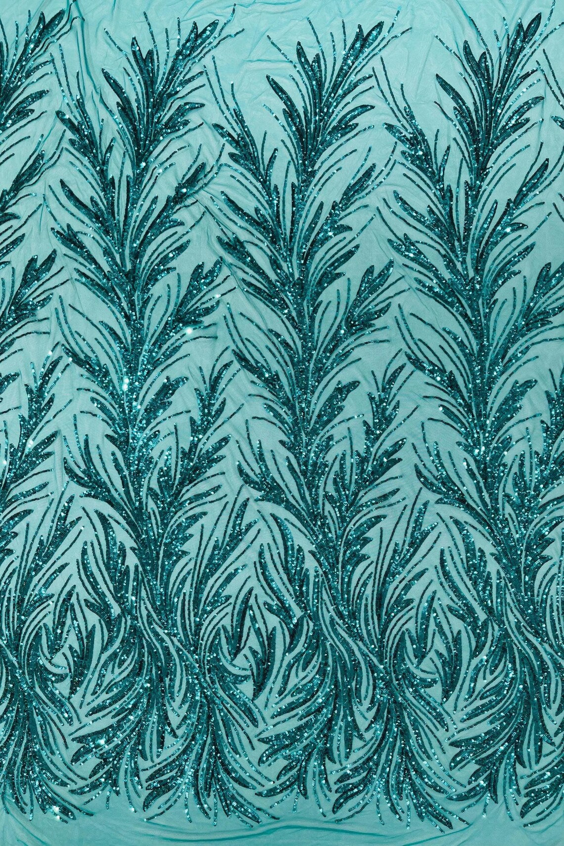 Wavy Leaf Design Fabric - Jade Green - 4 Way Stretch Sequins Lace Mesh Leaf Design Fabric by Yard main image 0