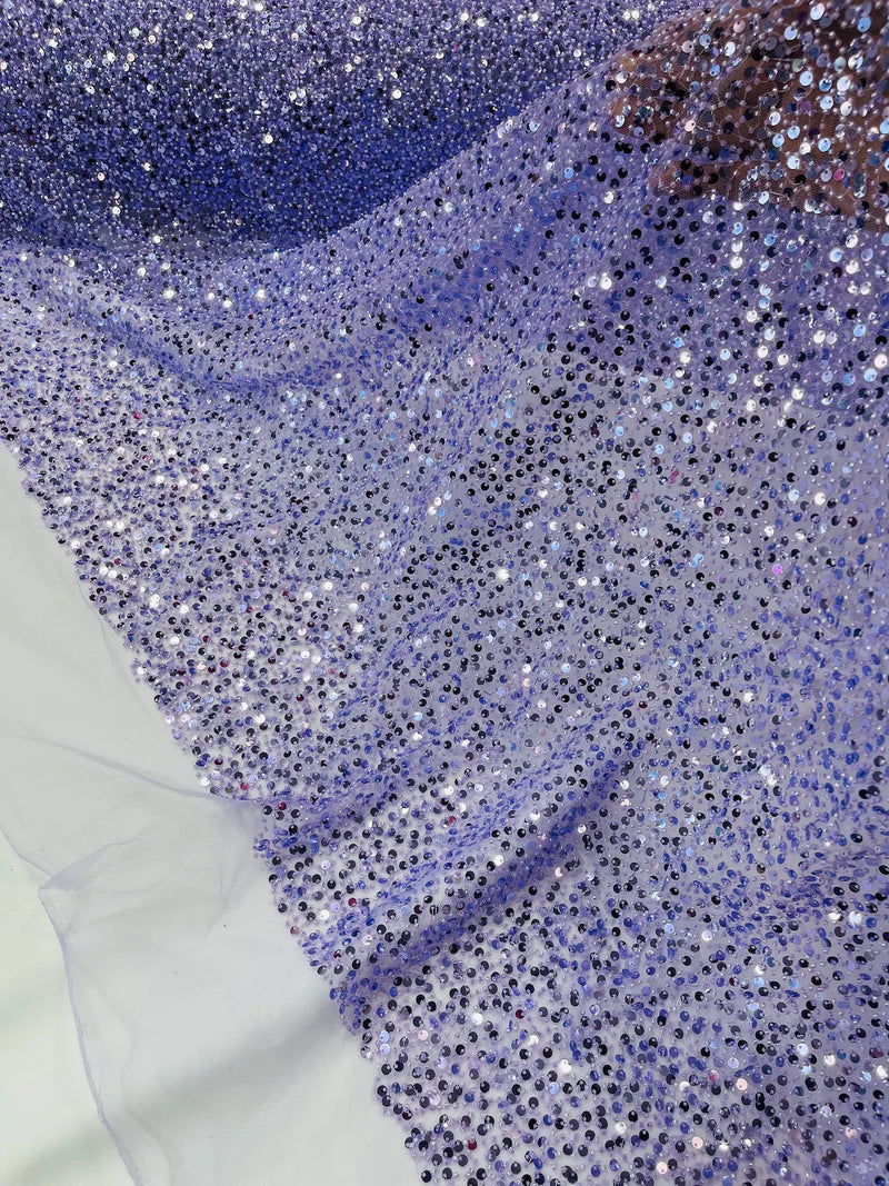 Pearl Sequins Bead Fabric - Lilac - Small Beads and Sequins Embroidered on Lace By Yard
