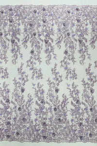 3D Flower Rhinestone Design - Lilac - Embroidered Flower Sequins Lace Fabric By Yard