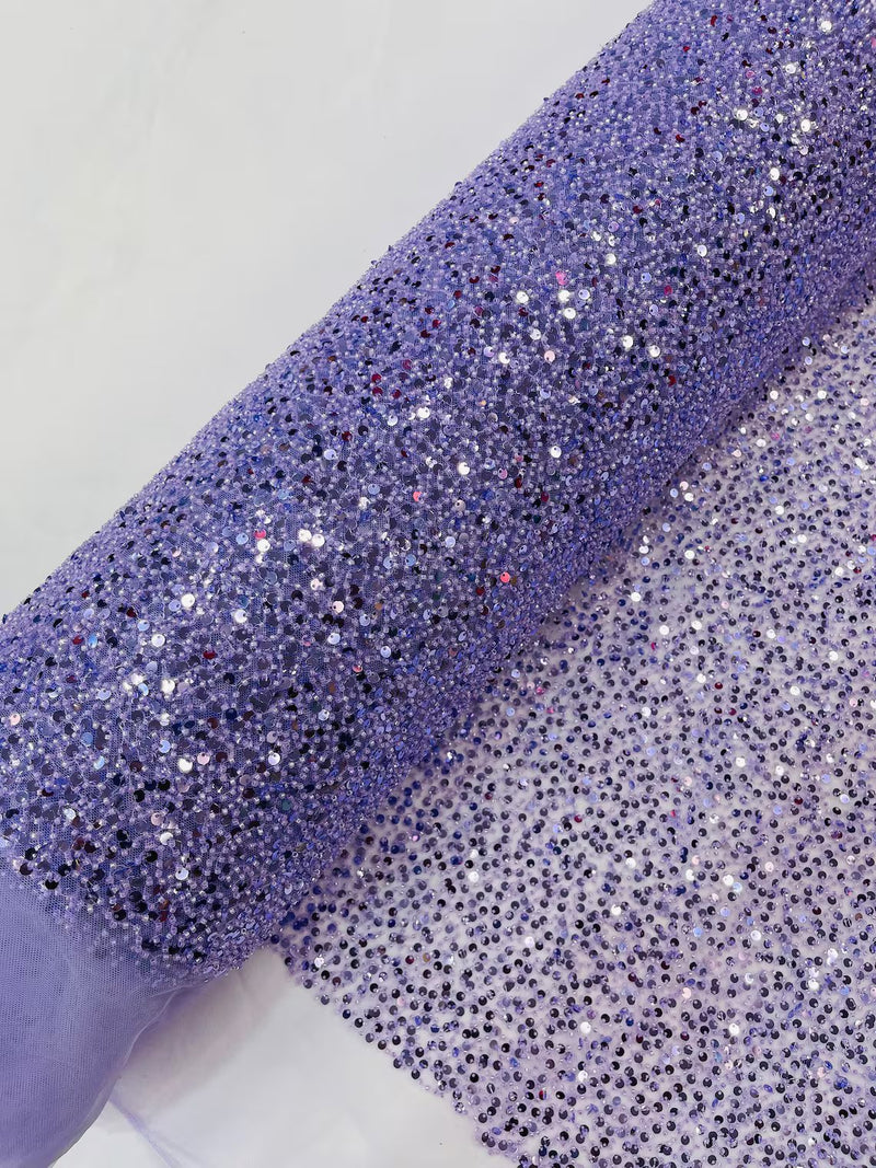 Pearl Sequins Bead Fabric - Lilac - Small Beads and Sequins Embroidered on Lace By Yard