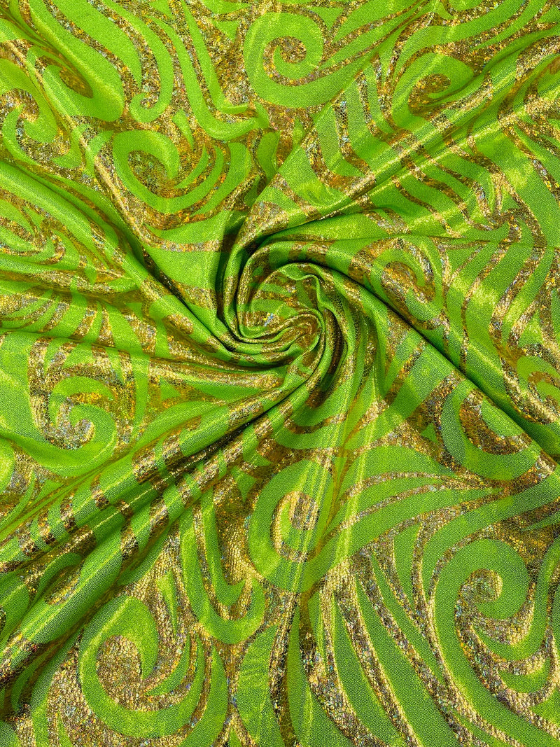 Tribal Swirl Spandex Fabric - Lime Green - Hologram Metallic 4-Way Stretch Milliskin Fabric by Yard