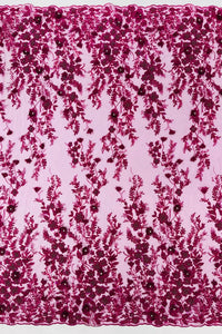 3D Flower Rhinestone Design - Magenta - Embroidered Flower Sequins Lace Fabric By Yard