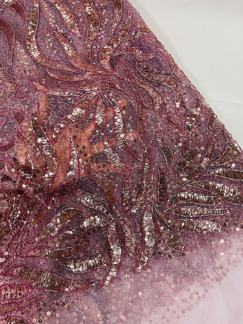 Beaded Fire Design Fabric - Mauve - Fire Flame Design Sequins and Beads on Mesh by Yard