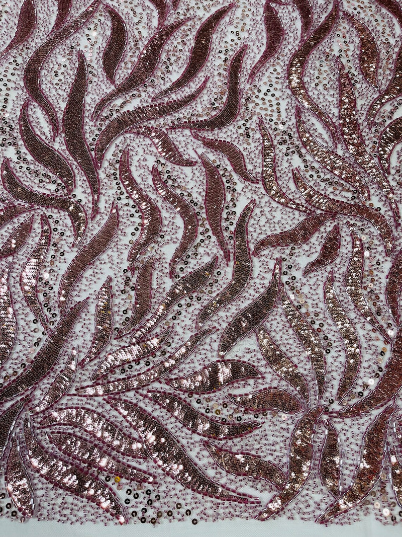 Beaded Fire Design Fabric - Mauve - Fire Flame Design Sequins and Beads on Mesh by Yard